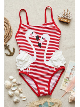 Купальник детский слитный для девочки бело-красного цвета с принтом 830 213408C