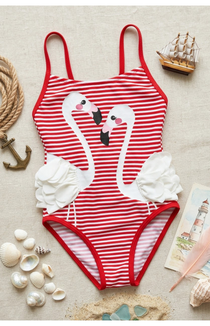 Купальник детский слитный для девочки бело-красного цвета с принтом 830 213408C