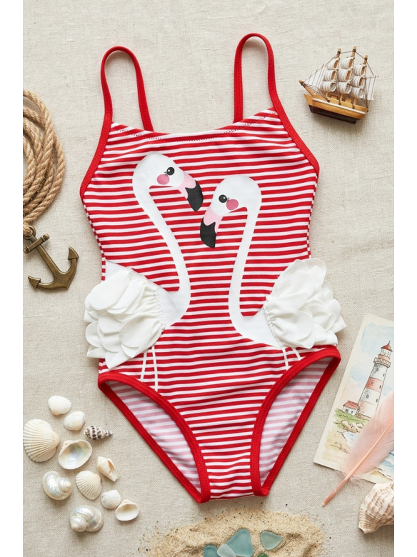 Купальник детский слитный для девочки бело-красного цвета с принтом 830 213408C