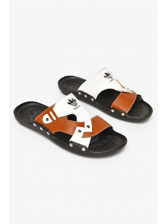 Шлепки мужские бело-коричневого цвета С1 213434C