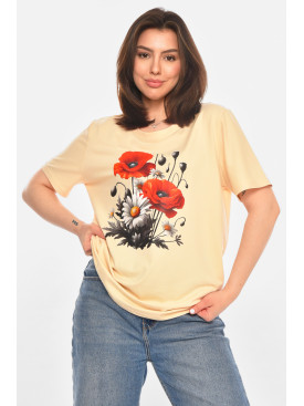 Футболка женская бежевого цвета с принтом 213457C