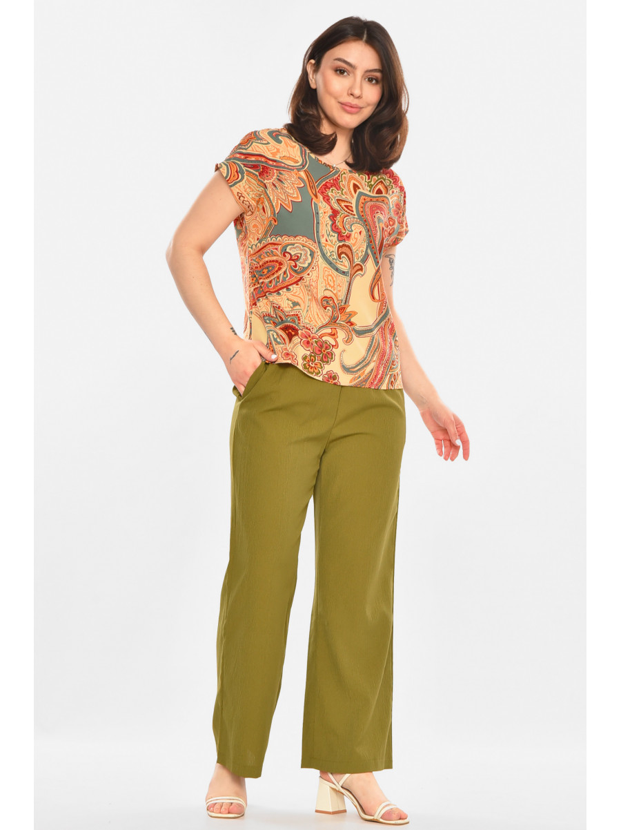 Костюм женский оливкового цвета с принтом 213635C