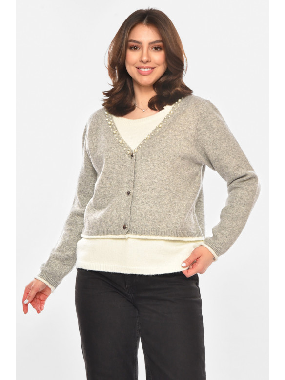 Кофта женская серого цвета с бусинами 213817C