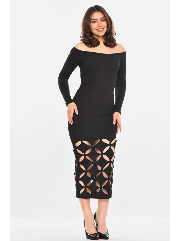 Платье женское однотонное в рубчик черного цвета 213927C