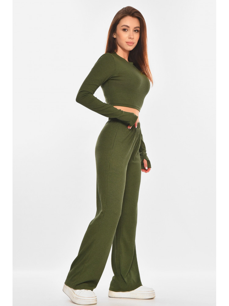 Костюм жіночий однотонний у рубчик темно-зеленого кольору 945 214465C